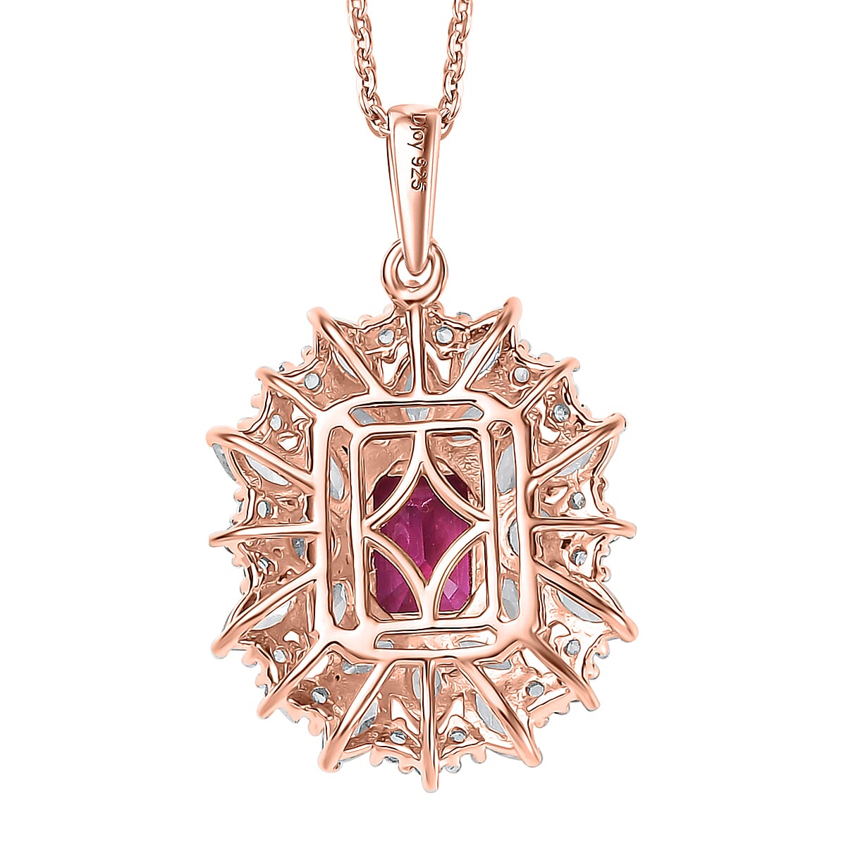 Luxuriant Premium Bixbite (LG) and White Zircon 3.60 ctw Blossom Royale Pendant Necklace in 18K Vermeil Rose Gold Sterling Silver 20 Inches