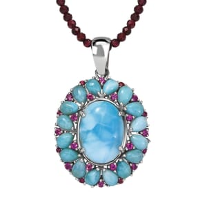 Premium Larimar and Orissa Rhodolite Garnet 92.75 ctw Pendant with Beaded Chain 20 Inches in Rhodium Over Sterling Silver