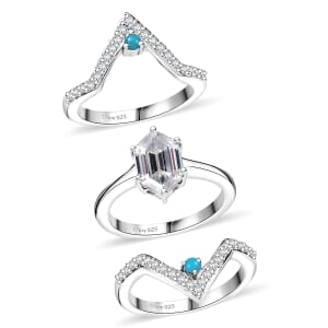 Set of 3 Moissanite and Sleeping Beauty Turquoise 3.40 ctw Ring in Rhodium Over Sterling Silver (Size 6.0)