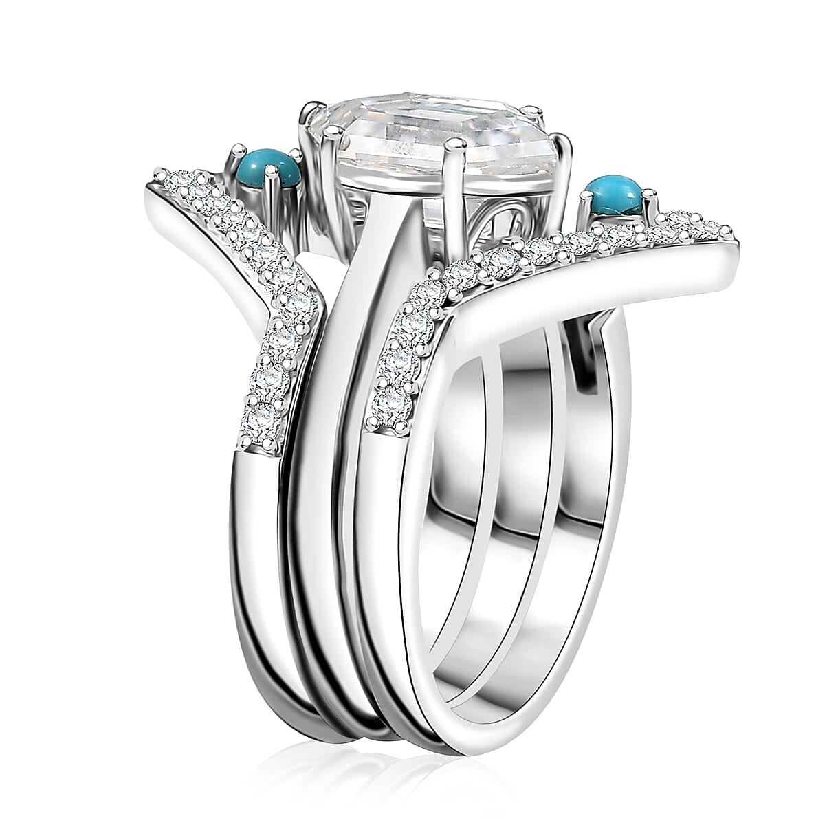 Set of 3 Moissanite and Sleeping Beauty Turquoise 3.40 ctw Ring in Rhodium Over Sterling Silver (Size 6.0)