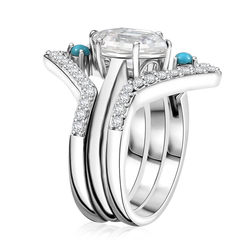 Set of 3 Moissanite and Sleeping Beauty Turquoise 3.40 ctw Ring in Rhodium Over Sterling Silver (Size 6.0)