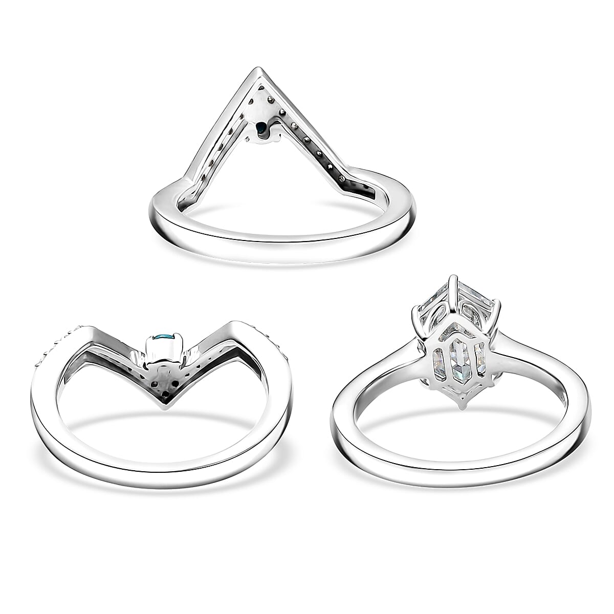 Set of 3 Moissanite and Sleeping Beauty Turquoise 3.40 ctw Ring in Rhodium Over Sterling Silver (Size 6.0)