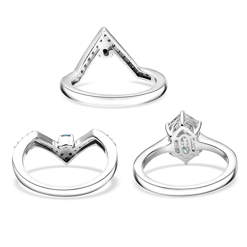 Set of 3 Moissanite and Sleeping Beauty Turquoise 3.40 ctw Ring in Rhodium Over Sterling Silver (Size 6.0)