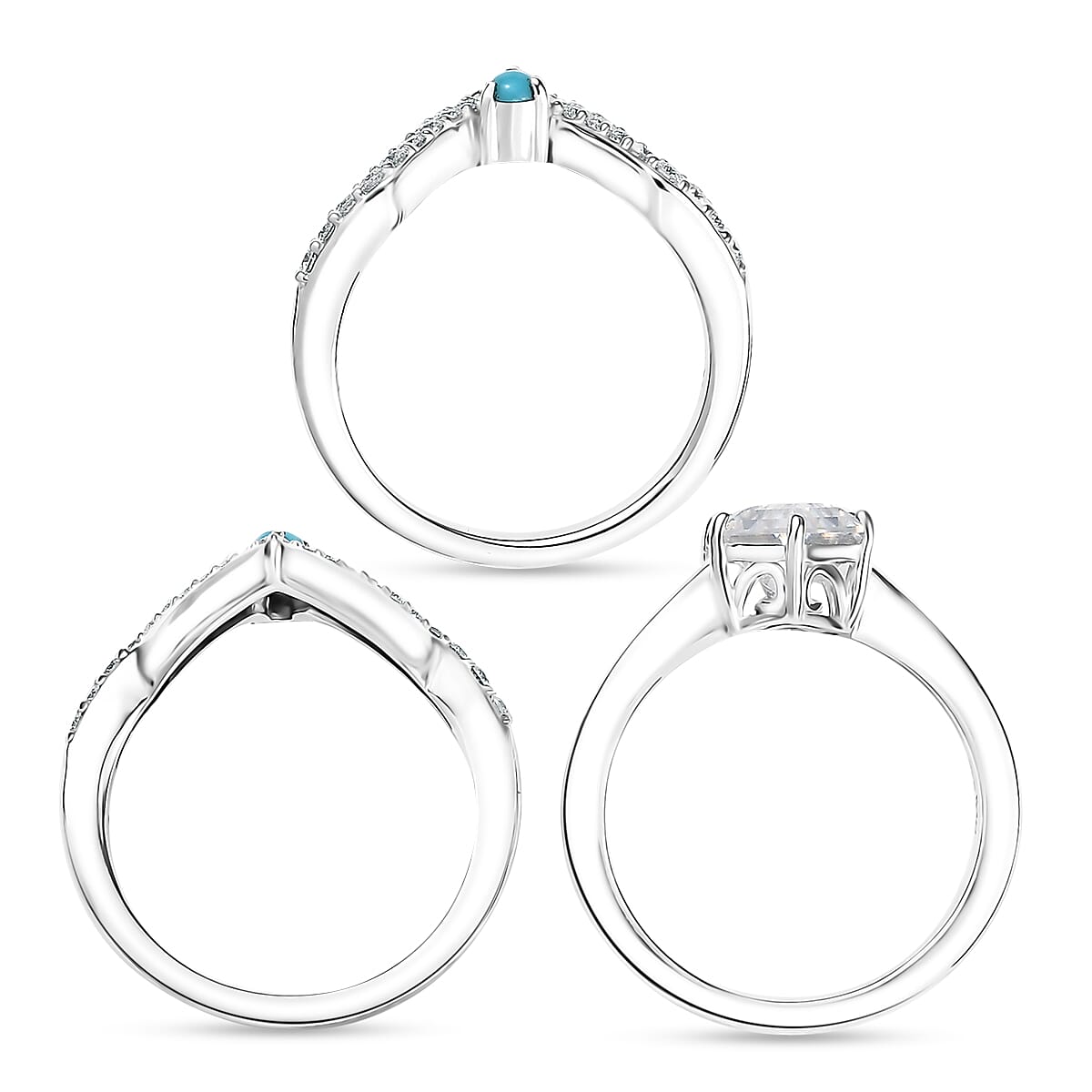 Set of 3 Moissanite and Sleeping Beauty Turquoise 3.40 ctw Ring in Rhodium Over Sterling Silver (Size 6.0)