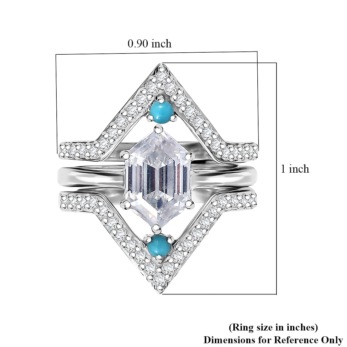 Set of 3 Moissanite and Sleeping Beauty Turquoise 3.40 ctw Ring in Rhodium Over Sterling Silver (Size 6.0)