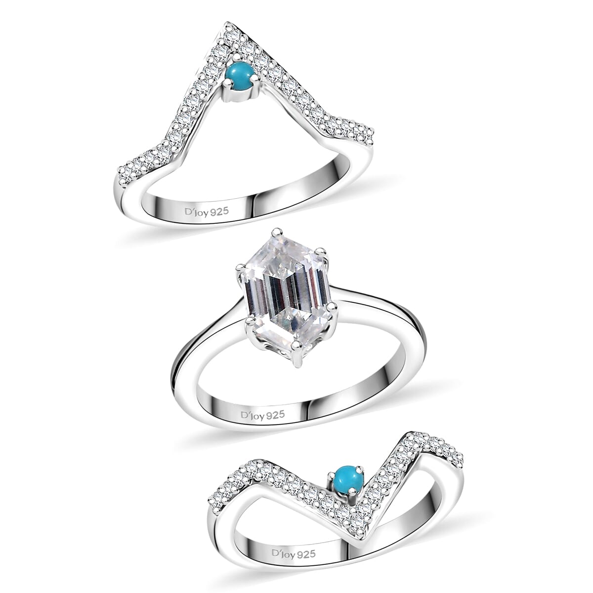 Set of 3 Moissanite and Sleeping Beauty Turquoise 3.40 ctw Ring in Rhodium Over Sterling Silver (Size 7.0) image number 0