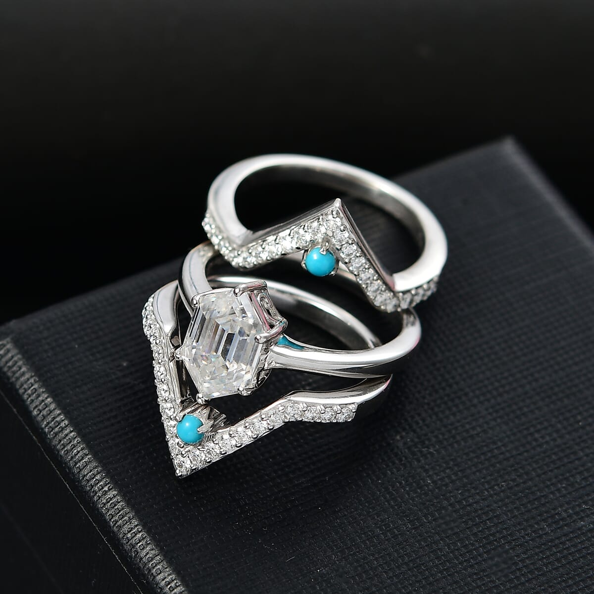 Set of 3 Moissanite and Sleeping Beauty Turquoise 3.40 ctw Ring in Rhodium Over Sterling Silver (Size 7.0) image number 1