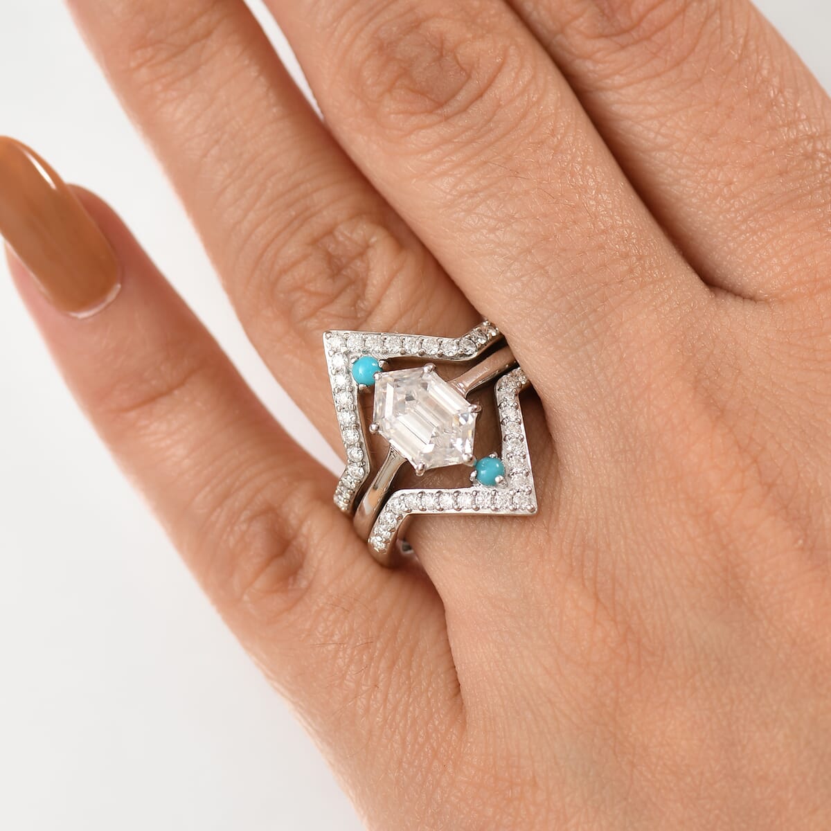 Set of 3 Moissanite and Sleeping Beauty Turquoise 3.40 ctw Ring in Rhodium Over Sterling Silver (Size 7.0) image number 2