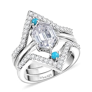 Set of 3 Moissanite and Sleeping Beauty Turquoise 3.40 ctw Stack Ring in Rhodium Over Sterling Silver (Size 7.0)