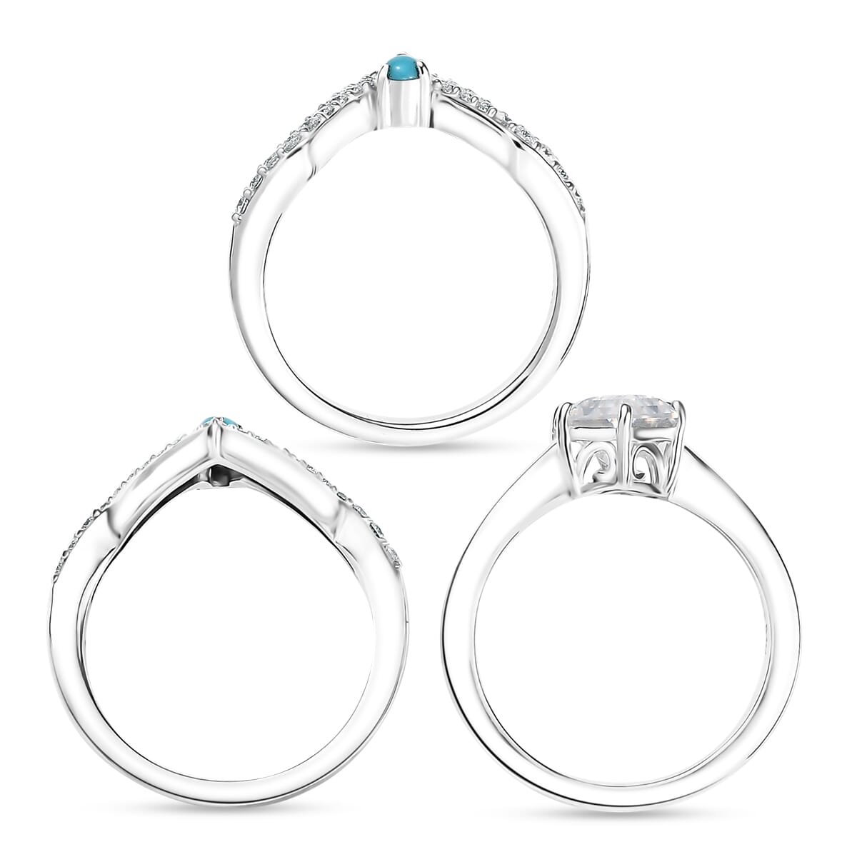 Set of 3 Moissanite and Sleeping Beauty Turquoise 3.40 ctw Ring in Rhodium Over Sterling Silver (Size 7.0) image number 6