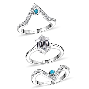 Set of 3 Moissanite and Sleeping Beauty Turquoise 3.40 ctw Stack Ring in Rhodium Over Sterling Silver (Size 8.0)