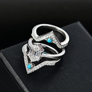 Set of 3 Moissanite and Sleeping Beauty Turquoise 3.40 ctw Stack Ring in Rhodium Over Sterling Silver (Size 8.0)