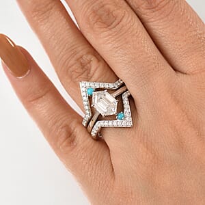 Set of 3 Moissanite and Sleeping Beauty Turquoise 3.40 ctw Stack Ring in Rhodium Over Sterling Silver (Size 8.0)