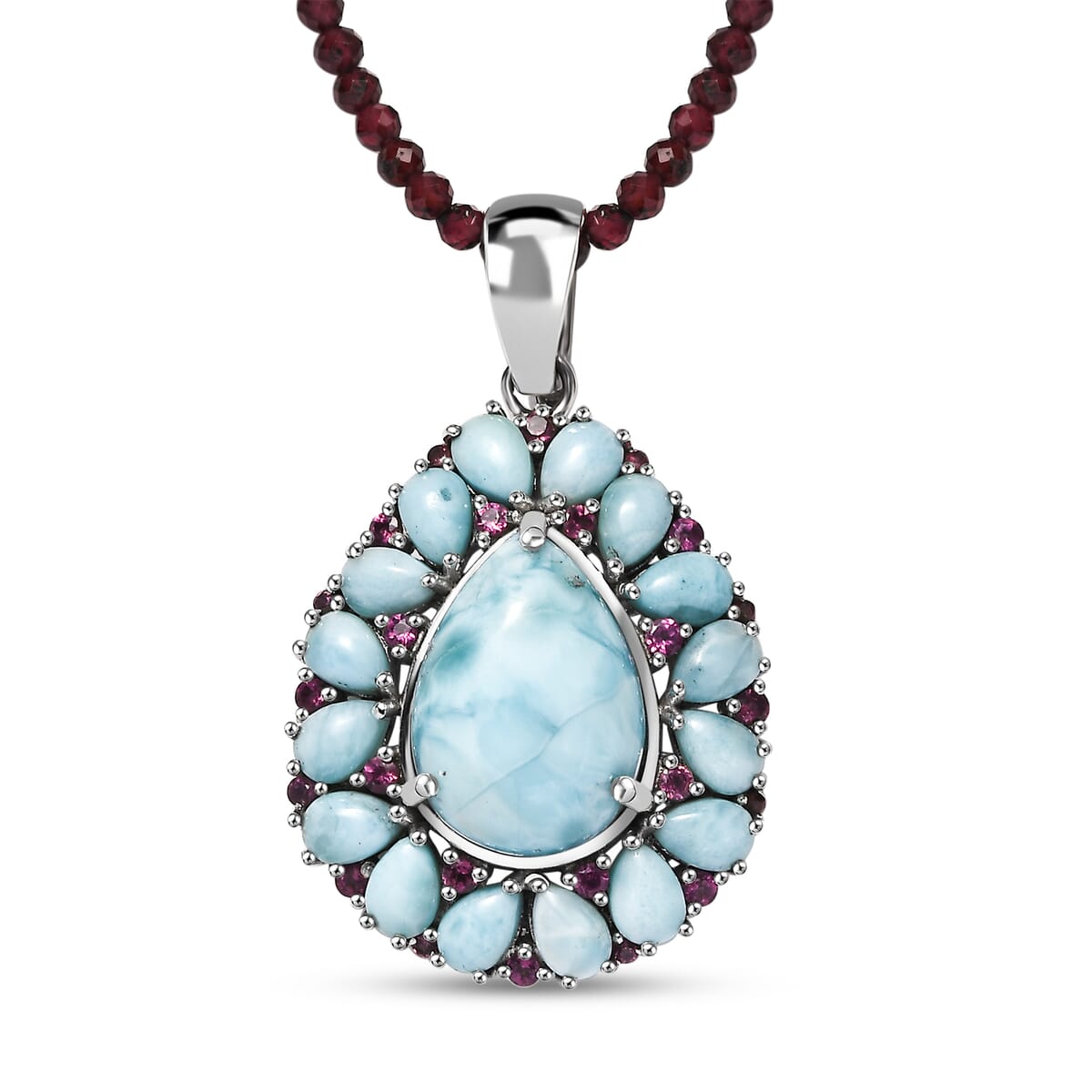 Premium Larimar and Orissa Rhodolite Garnet 91.40 ctw Pendant with Beaded Chain 20 Inches in Rhodium Over Sterling Silver image number 0