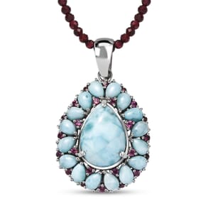 Premium Larimar and Orissa Rhodolite Garnet 91.40 ctw Pendant with Beaded Chain 20 Inches in Rhodium Over Sterling Silver