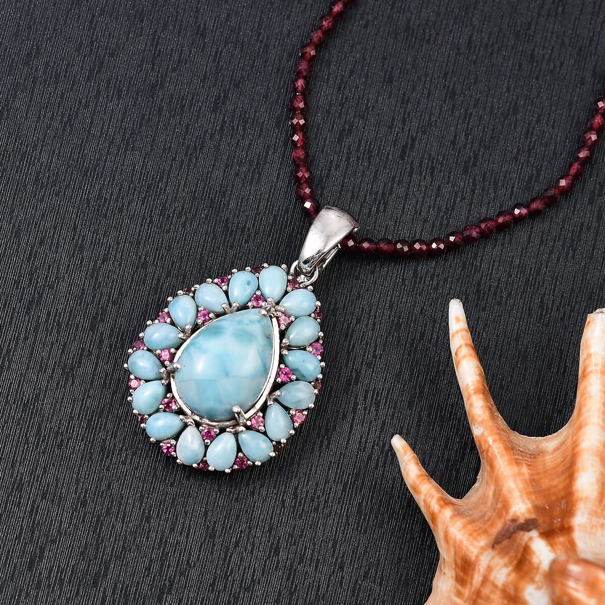 Premium Larimar and Orissa Rhodolite Garnet 91.40 ctw Pendant with Beaded Chain 20 Inches in Rhodium Over Sterling Silver image number 1
