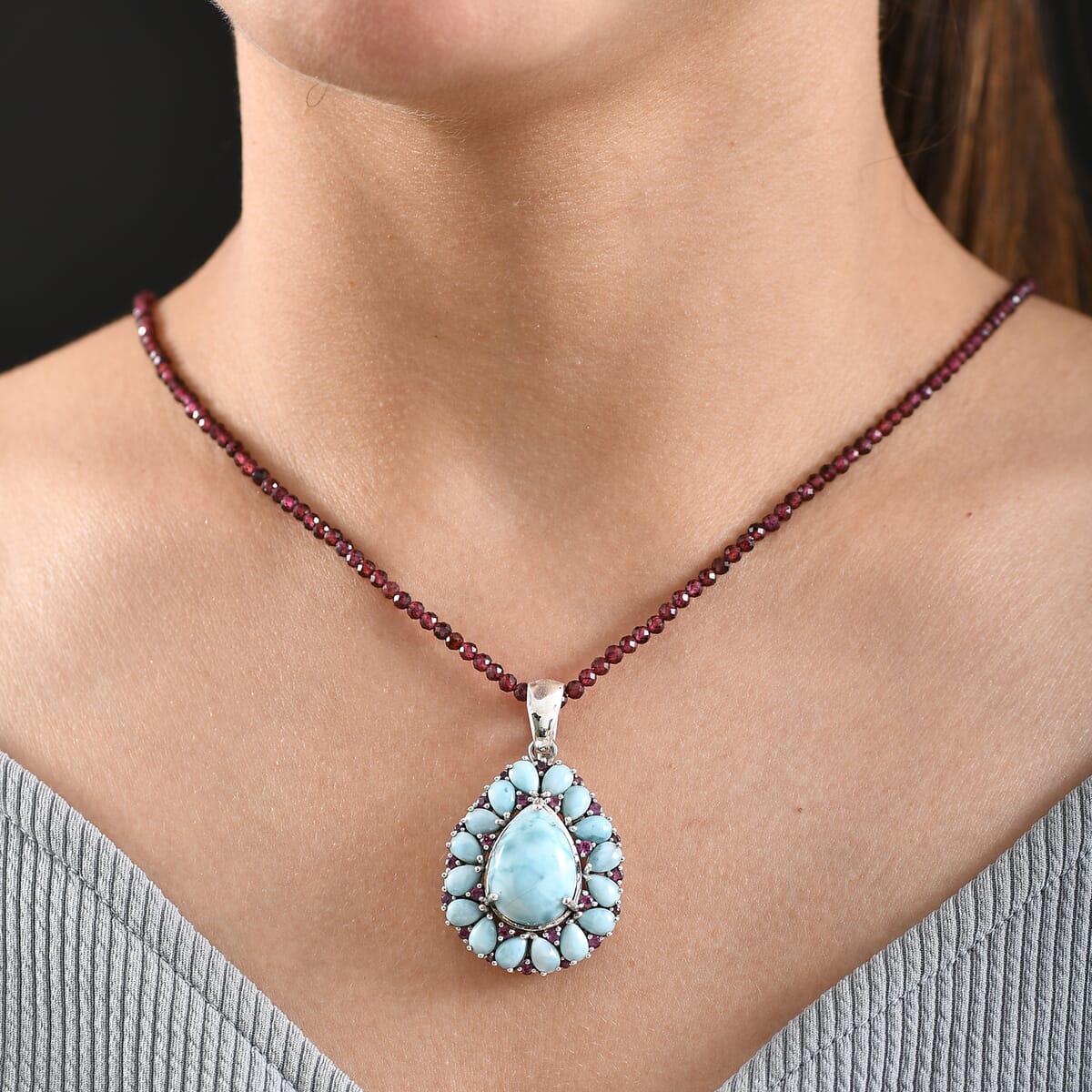 Premium Larimar and Orissa Rhodolite Garnet 91.40 ctw Pendant with Beaded Chain 20 Inches in Rhodium Over Sterling Silver image number 2