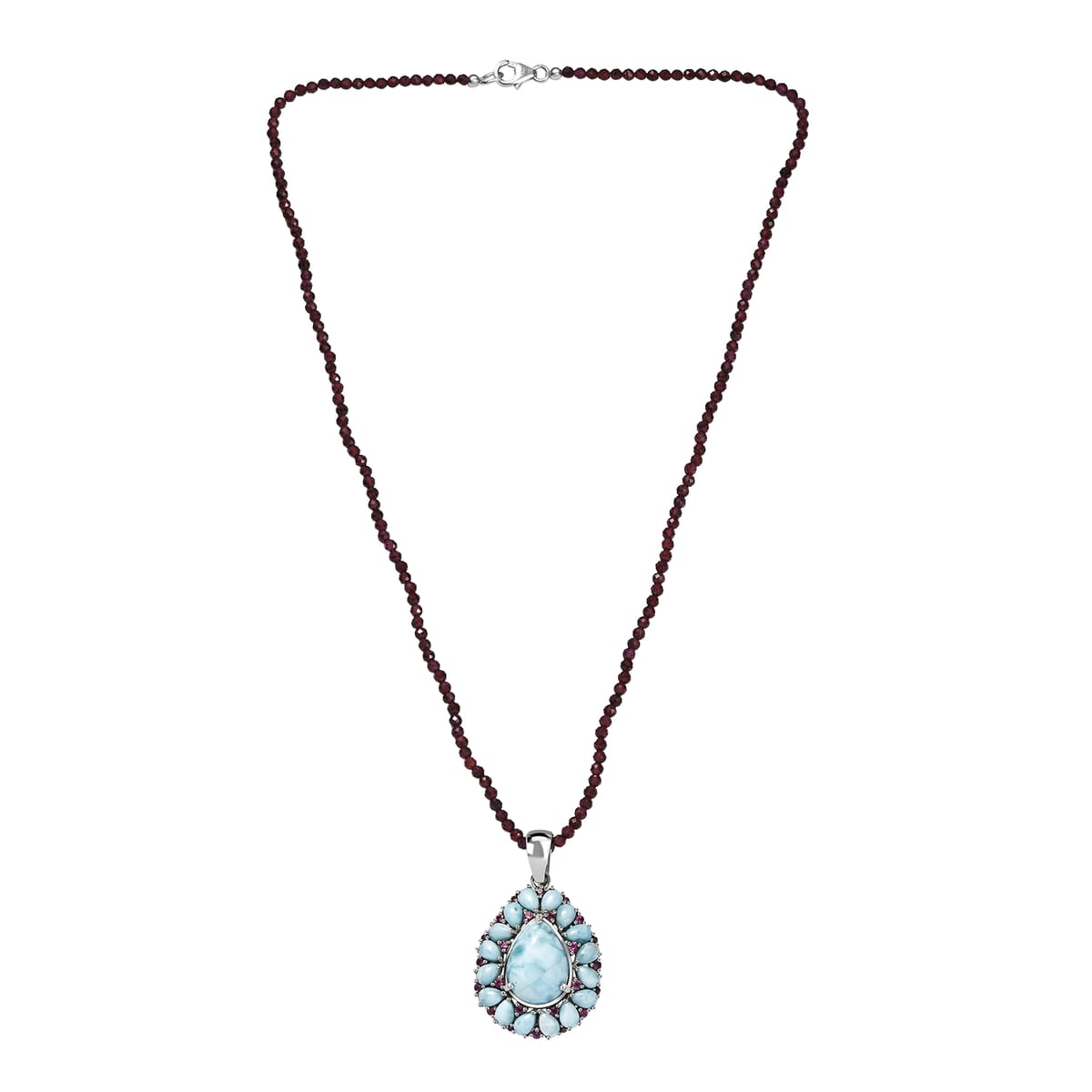 Premium Larimar and Orissa Rhodolite Garnet 91.40 ctw Pendant with Beaded Chain 20 Inches in Rhodium Over Sterling Silver image number 3