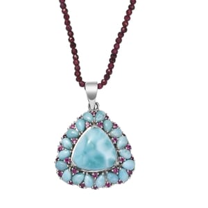 Premium Larimar and Orissa Rhodolite Garnet 97.20 ctw Pendant with Beaded Chain 20 Inches in Rhodium Over Sterling Silver