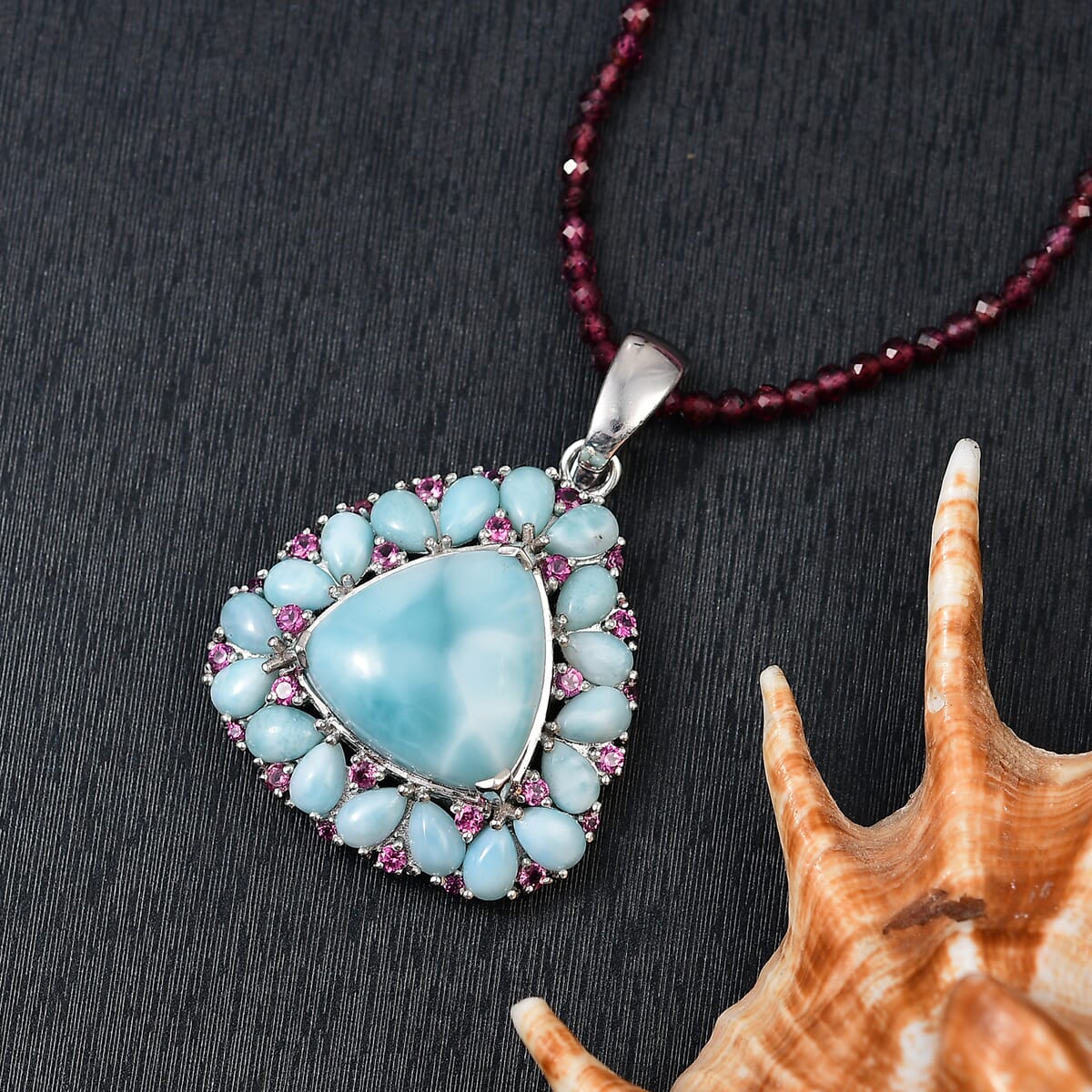 Premium Larimar and Orissa Rhodolite Garnet 97.20 ctw Pendant with Beaded Chain 20 Inches in Rhodium Over Sterling Silver image number 1