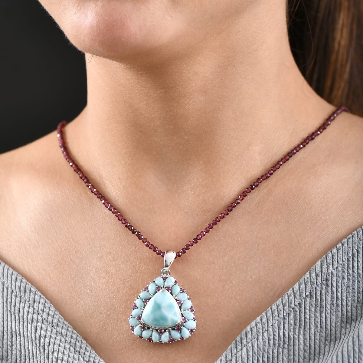 Premium Larimar and Orissa Rhodolite Garnet 97.20 ctw Pendant with Beaded Chain 20 Inches in Rhodium Over Sterling Silver image number 2