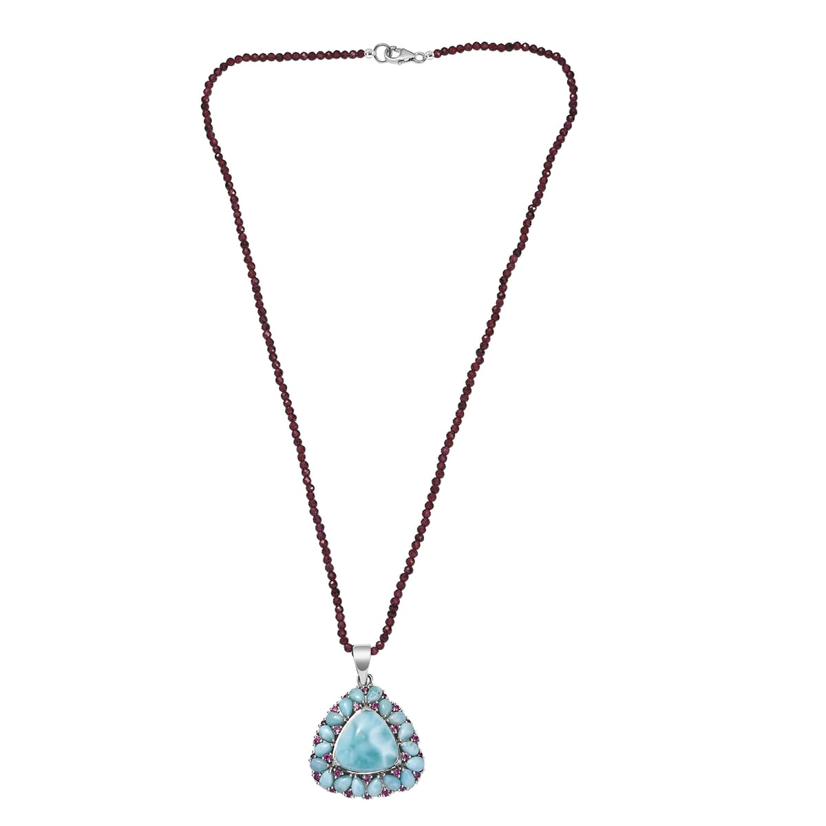 Premium Larimar and Orissa Rhodolite Garnet 97.20 ctw Pendant with Beaded Chain 20 Inches in Rhodium Over Sterling Silver image number 3
