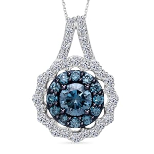 Luxuriant Lab Grown Blue and White Diamond (SI) 1.00 ctw Ocean Empress Pendant Necklace in Rhodium Over Sterling Silver 20 inches