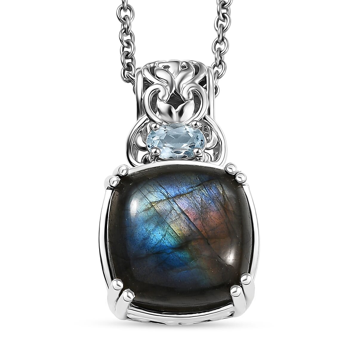 EverTrue Malagasy Labradorite and Sky Blue Topaz 5.15 ctw Pendant in Platinum Bond with Stainless Steel Necklace 20 Inches image number 0