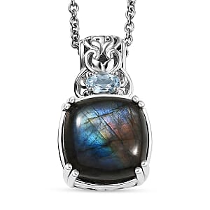 EverTrue Malagasy Labradorite and Sky Blue Topaz 5.15 ctw Pendant in Platinum Bond with Stainless Steel Necklace 20 Inches