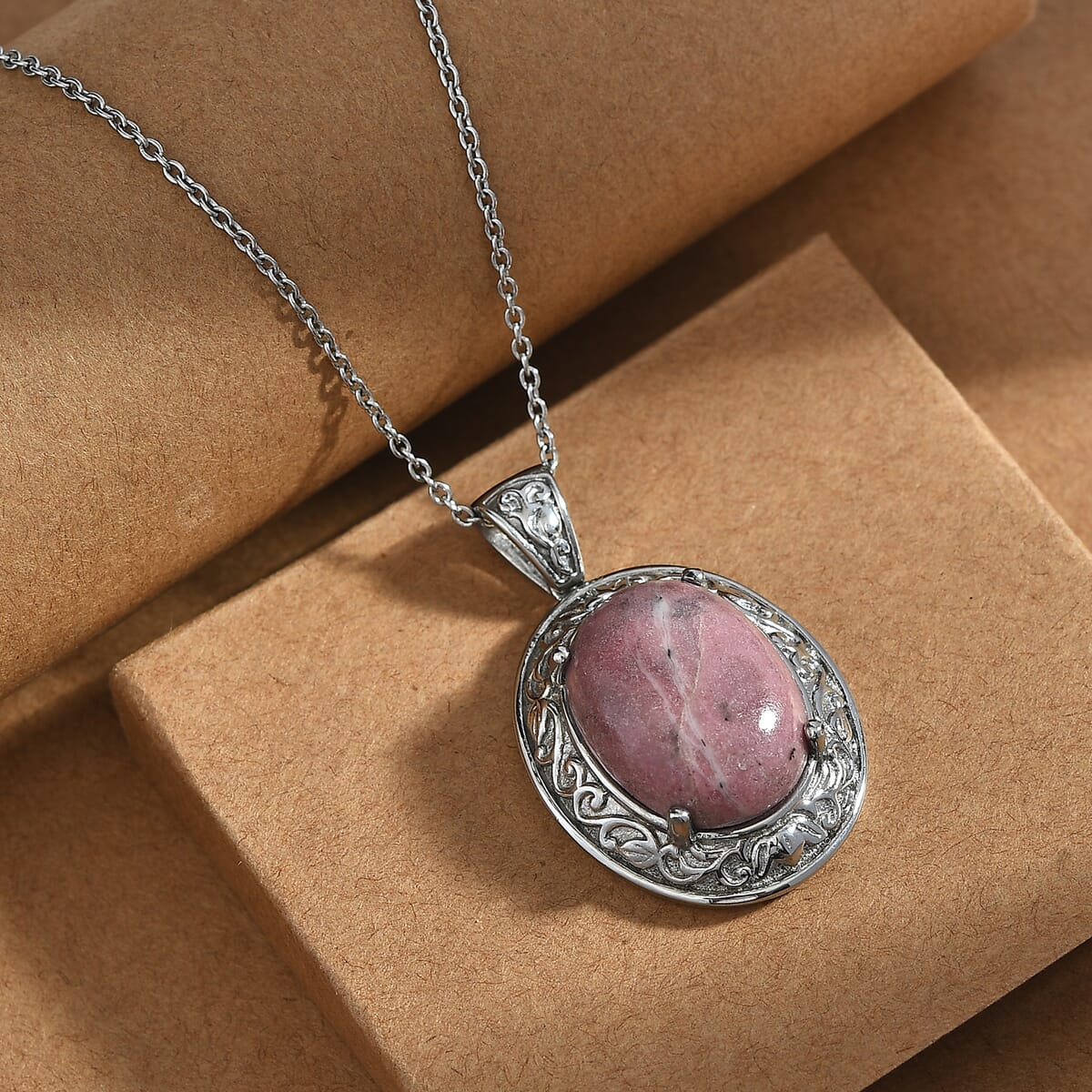Rhodonite 21.65 ctw Pendant Necklace in Stainless Steel 20 Inches image number 1