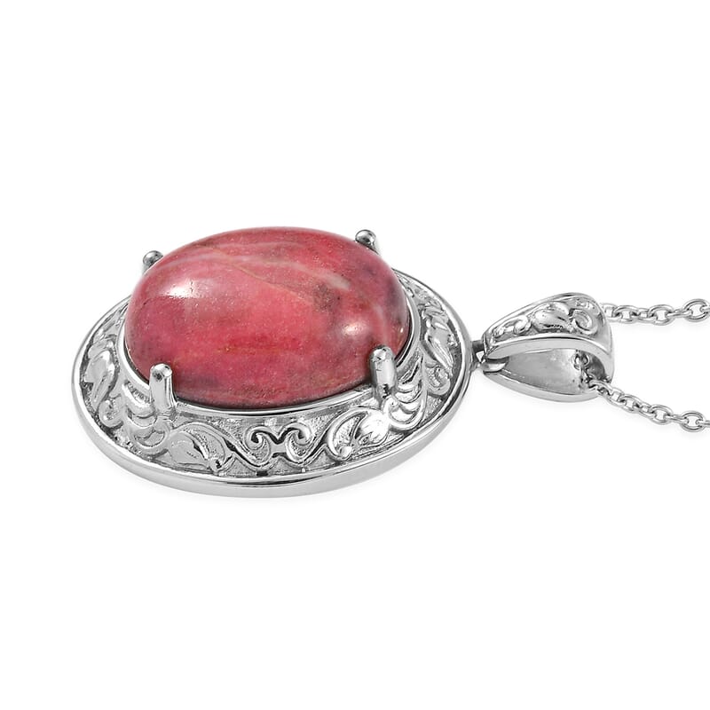 Rhodonite 21.65 ctw Pendant Necklace in Stainless Steel 20 Inches