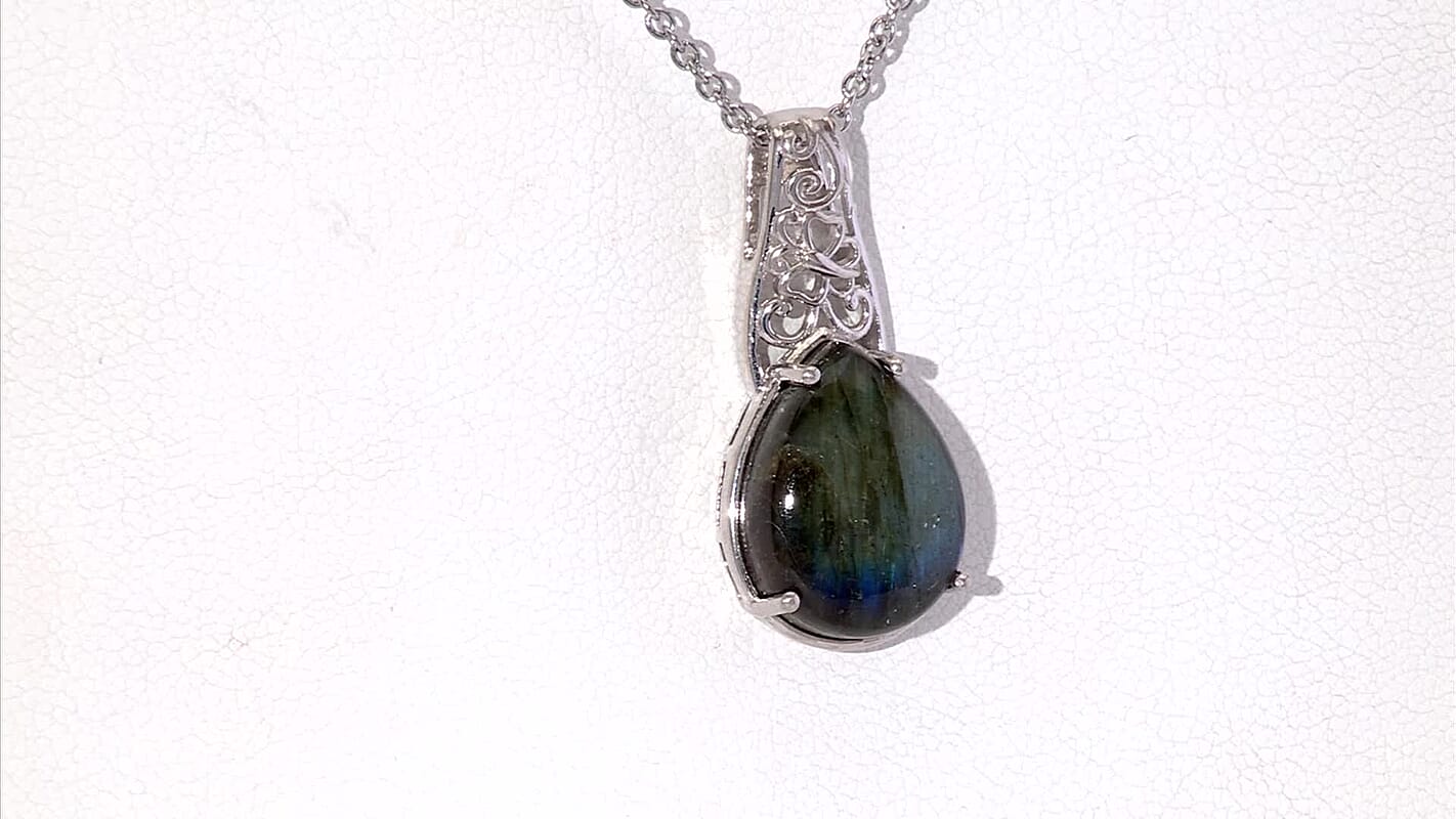EverTrue Malagasy Labradorite 9.40 ctw Pendant in Platinum Bond with Stainless Steel Necklace 20 Inches
