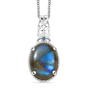 Karis Malagasy Labradorite and Blue Topaz  10.60 ctw Pendant in Platinum Bond with Stainless Steel Chain 20 Inches