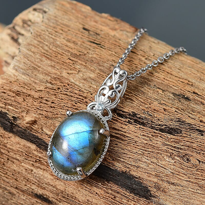 Karis Malagasy Labradorite and Blue Topaz  10.60 ctw Pendant in Platinum Bond with Stainless Steel Chain 20 Inches