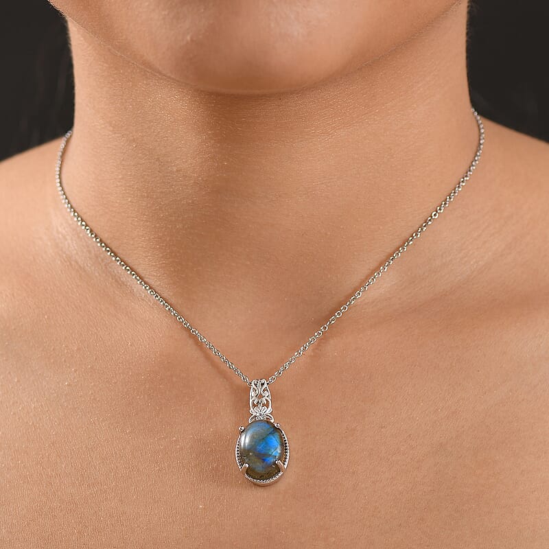 Karis Malagasy Labradorite and Blue Topaz  10.60 ctw Pendant in Platinum Bond with Stainless Steel Chain 20 Inches
