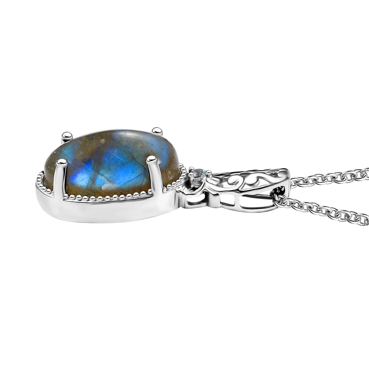 Karis Malagasy Labradorite and Blue Topaz  10.60 ctw Pendant in Platinum Bond with Stainless Steel Chain 20 Inches image number 3