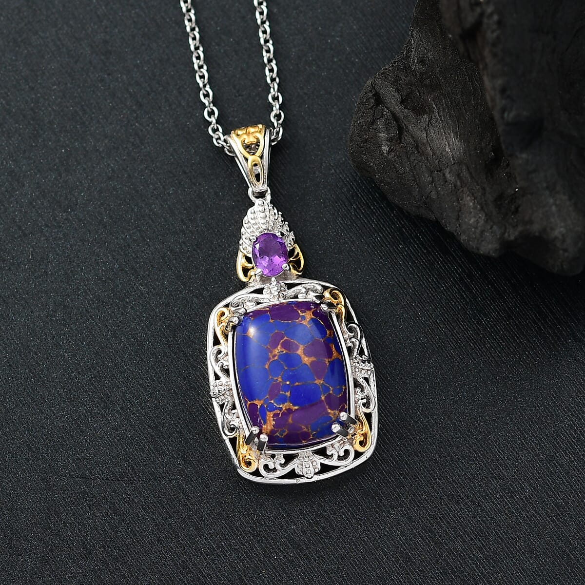 Karis Mojave Purple Turquoise and African Amethyst 9.30 ctw Pendant in 18K YG Plated and Platinum Bond with Stainless Steel Necklace 20 Inches image number 1