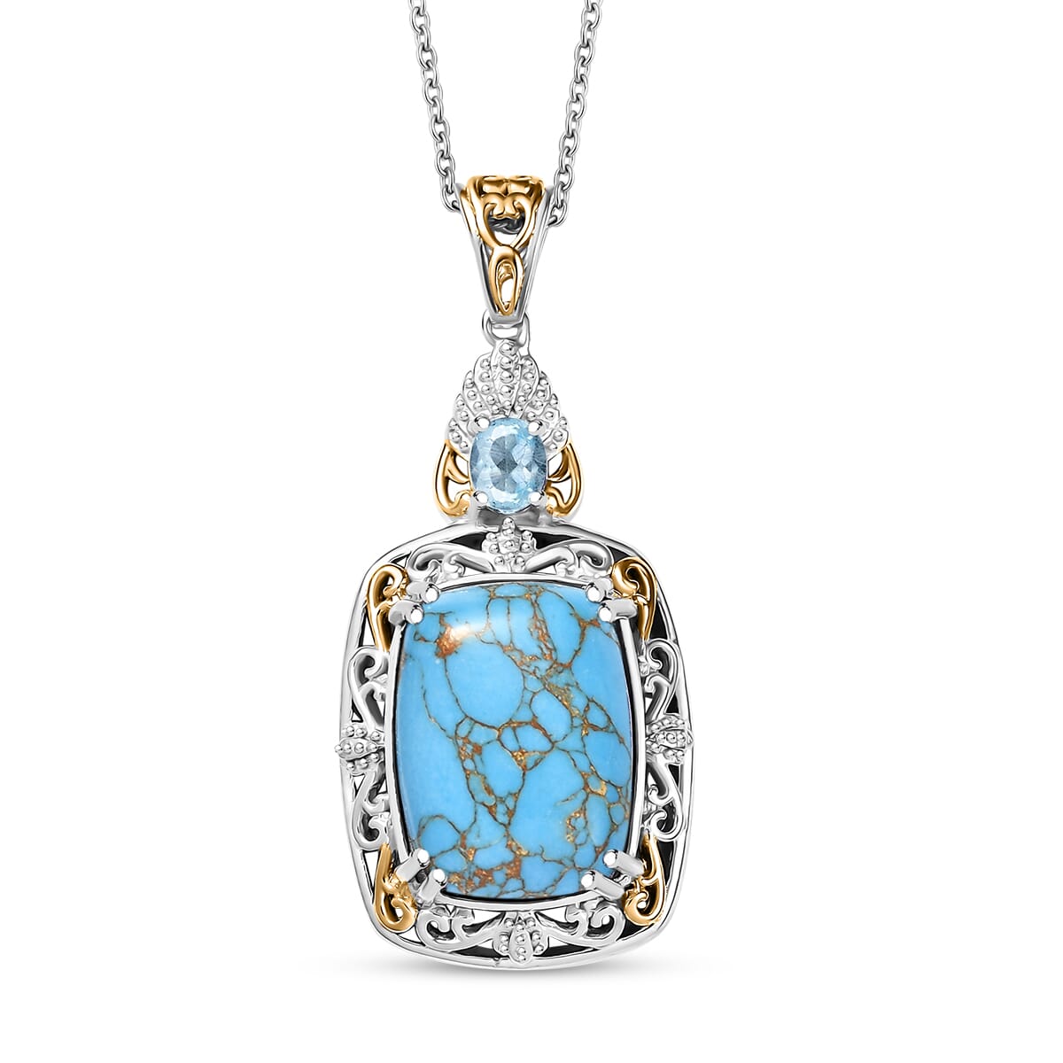 Karis Mojave Blue Turquoise and Sky Blue Topaz 9.00 ctw Pendant in 18K YG Plated and Platinum Bond with Stainless Steel Necklace 20 Inches image number 0