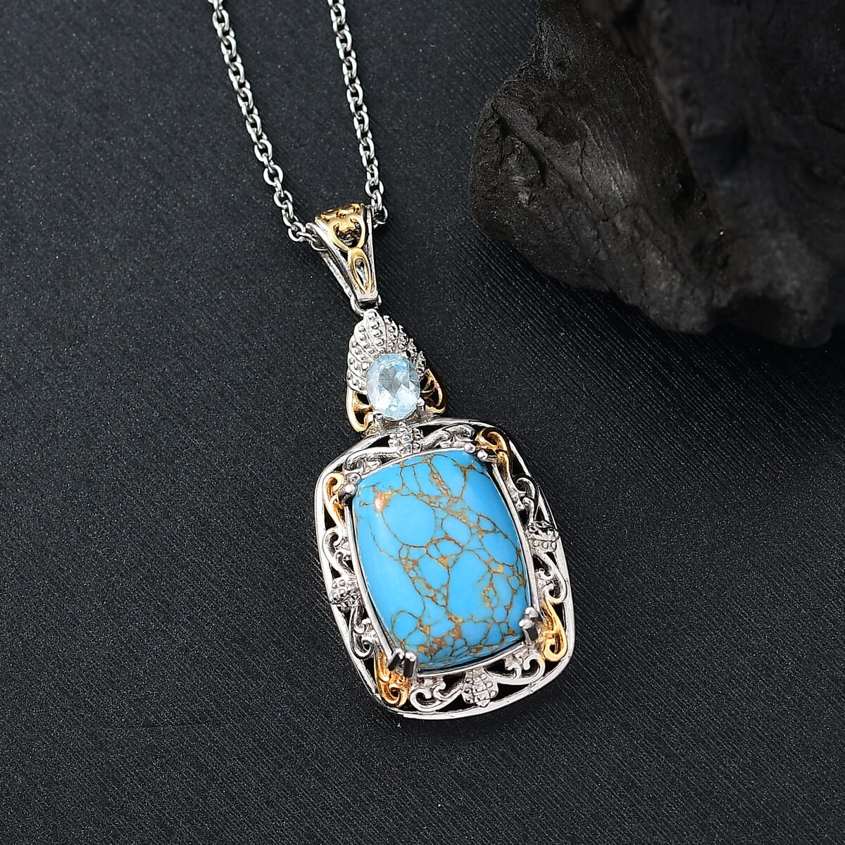 Karis Mojave Blue Turquoise and Sky Blue Topaz 9.00 ctw Pendant in 18K YG Plated and Platinum Bond with Stainless Steel Necklace 20 Inches image number 1