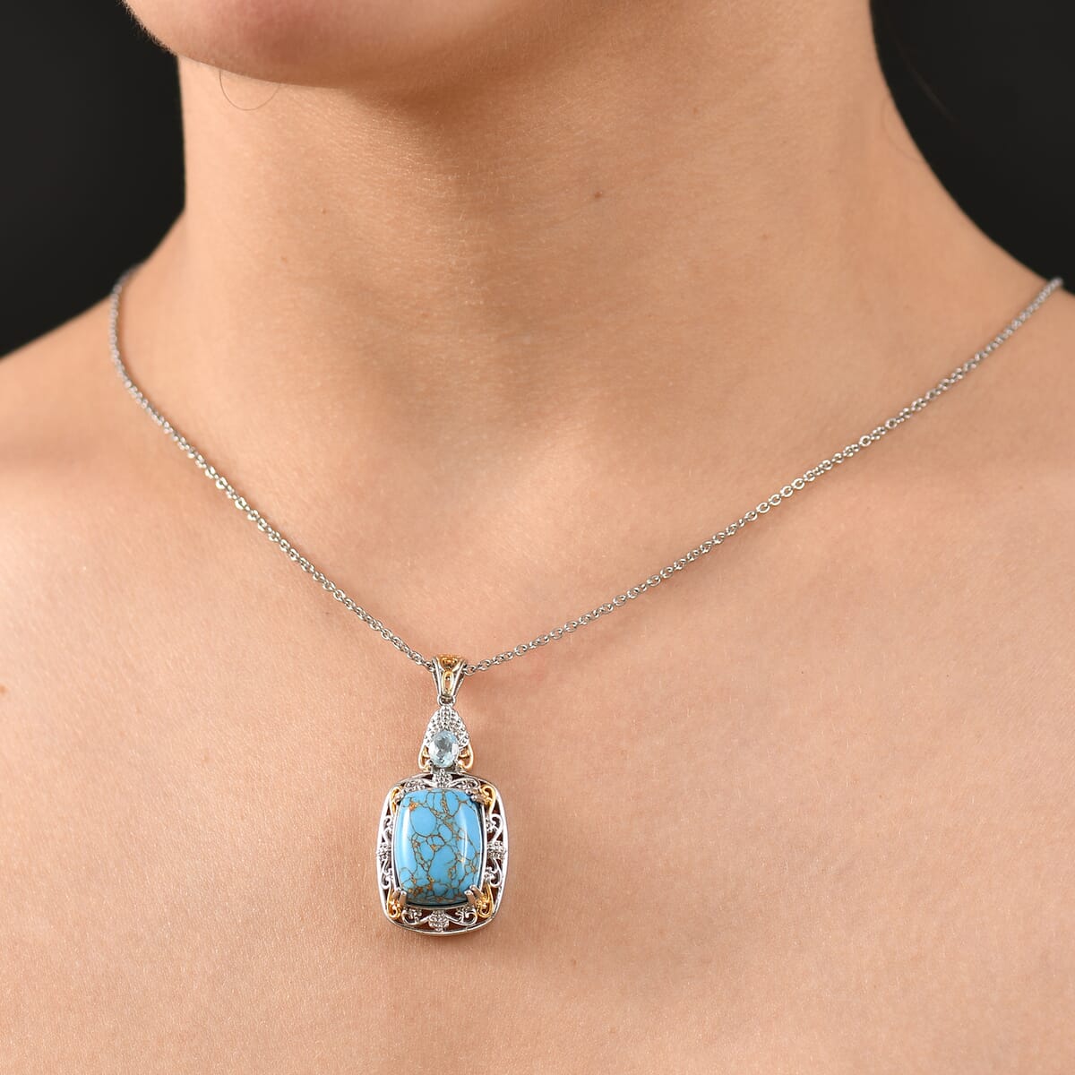 Karis Mojave Blue Turquoise and Sky Blue Topaz 9.00 ctw Pendant in 18K YG Plated and Platinum Bond with Stainless Steel Necklace 20 Inches image number 2