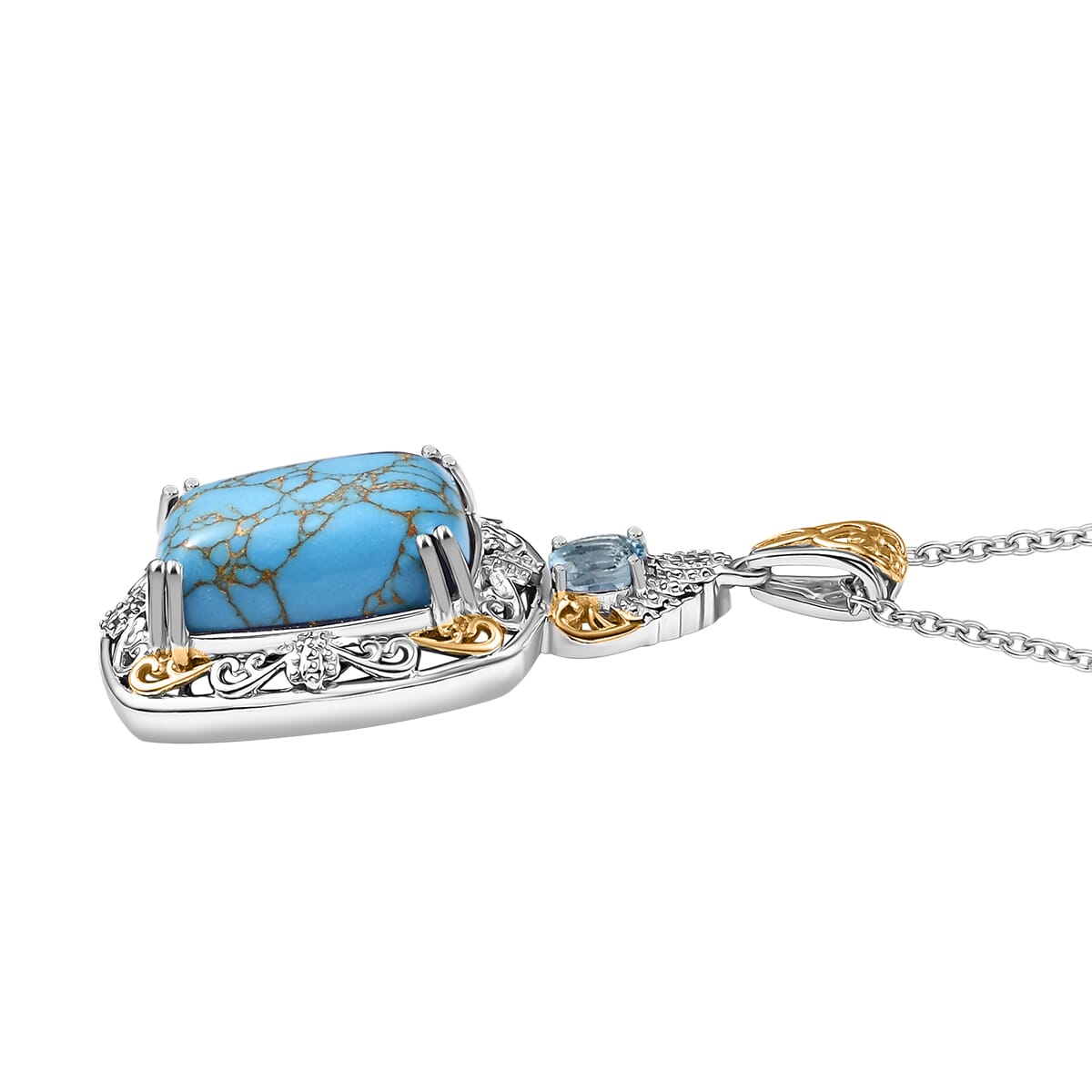 Karis Mojave Blue Turquoise and Sky Blue Topaz 9.00 ctw Pendant in 18K YG Plated and Platinum Bond with Stainless Steel Necklace 20 Inches image number 3