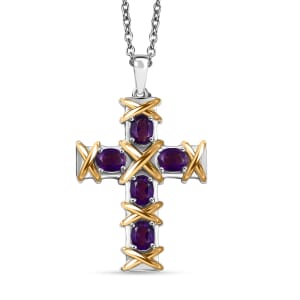 Epic Deal Karis African Amethyst Cross Pendant in 18K YG Plated and Platinum Bond with Stainless Steel Necklace (20 Inches) 1.65 ctw