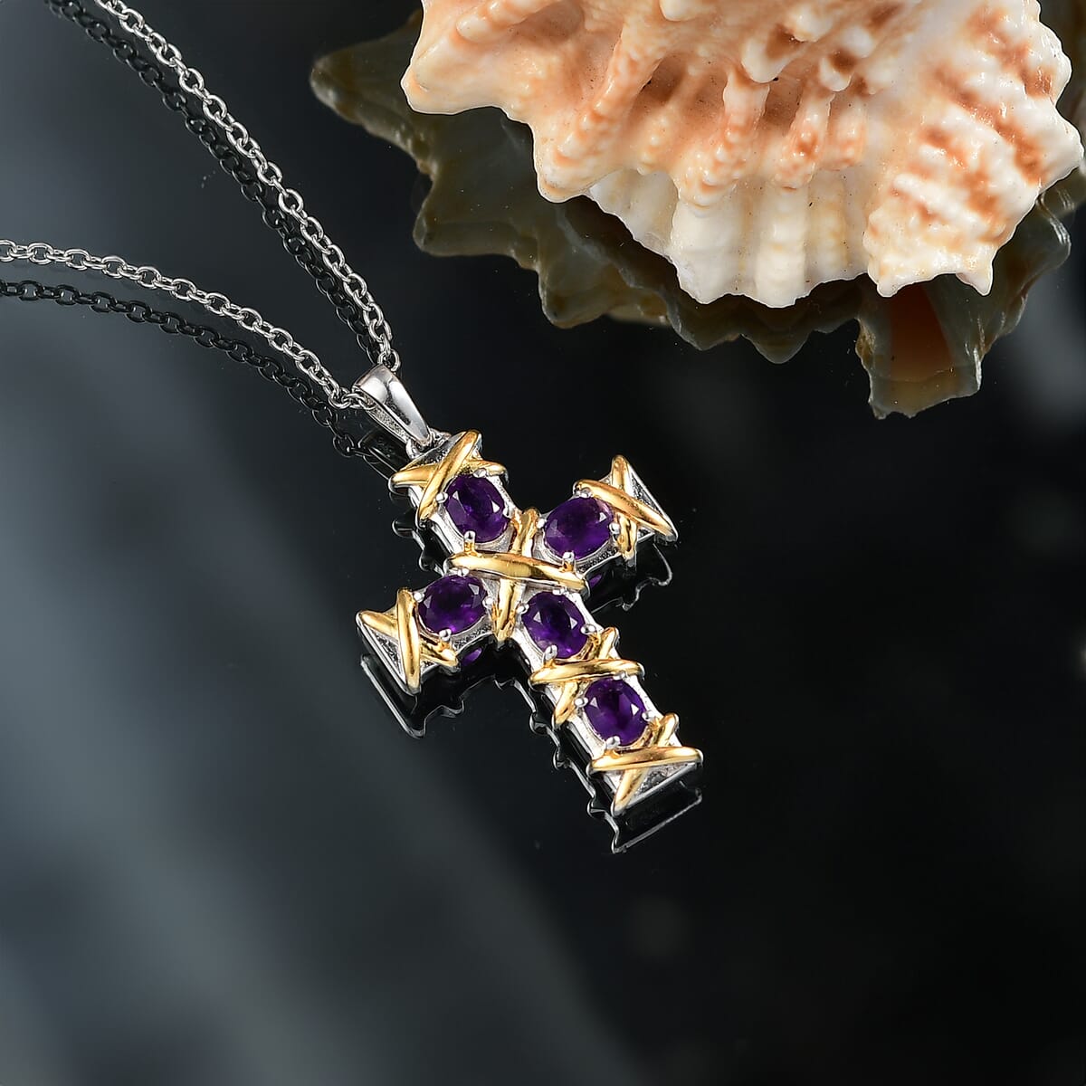 Karis African Amethyst Cross Pendant in 18K YG Plated and Platinum Bond with Stainless Steel Necklace (20 Inches) 1.65 ctw image number 1