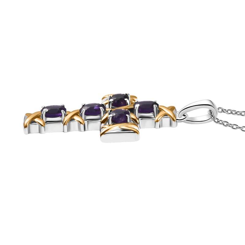 EverTrue African Amethyst 1.65 ctw Cross Pendant in 18K YG Plated and Platinum Bond with Stainless Steel Necklace 20 Inches