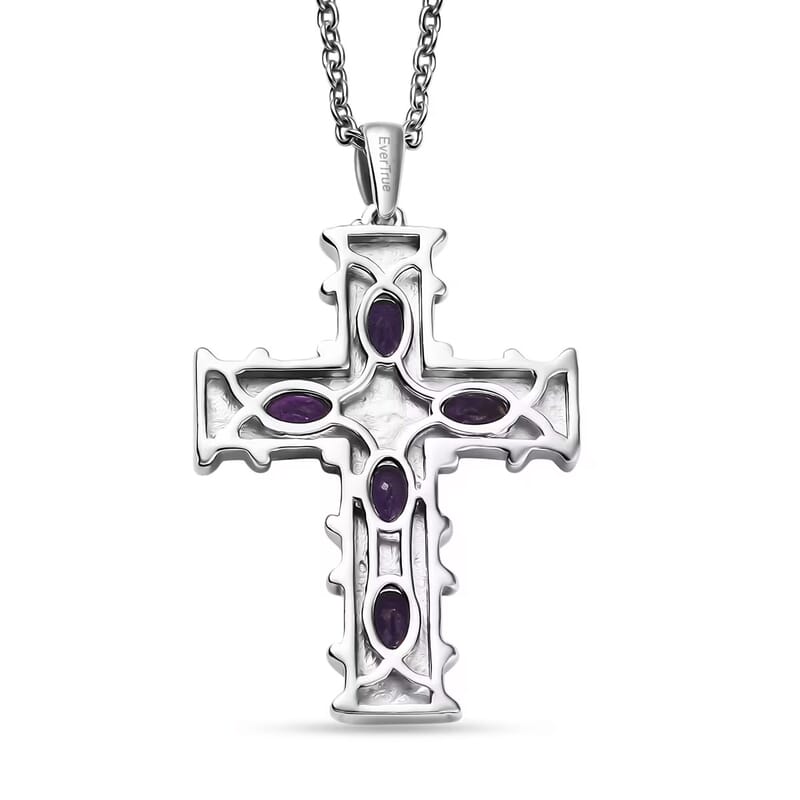EverTrue African Amethyst 1.65 ctw Cross Pendant in 18K YG Plated and Platinum Bond with Stainless Steel Necklace 20 Inches