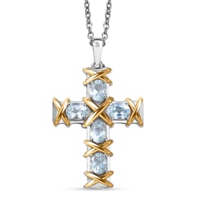 Karis Sky Blue Topaz 2.50 ctw Cross Pendant in 18K YG Plated and Platinum Bond with Stainless Steel Necklace 20 Inches