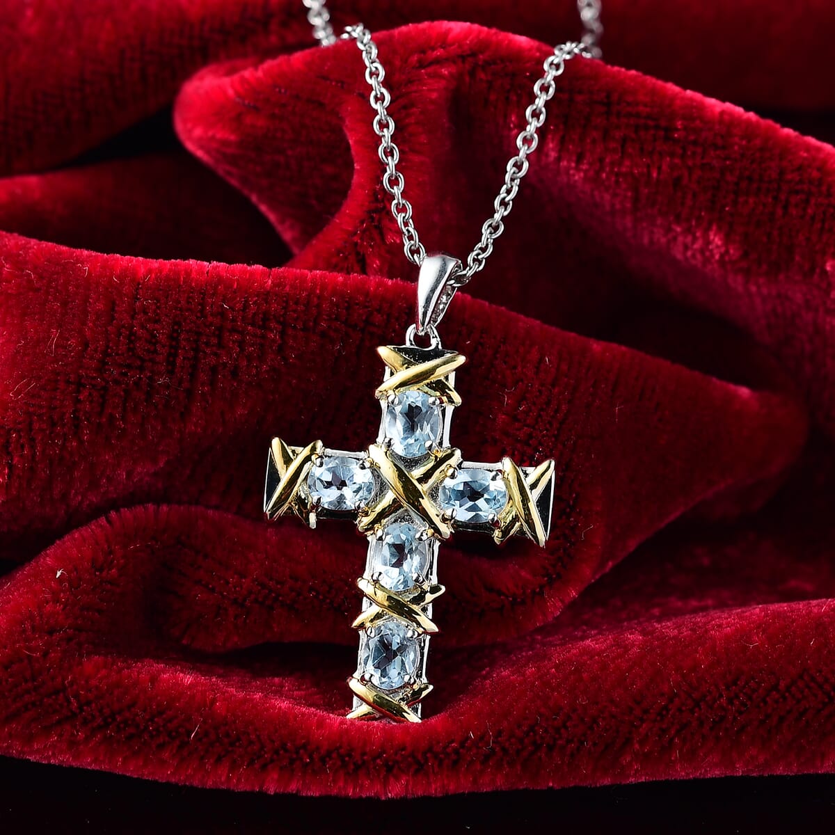 Karis Sky Blue Topaz 2.50 ctw Cross Pendant in 18K YG Plated and Platinum Bond with Stainless Steel Necklace 20 Inches image number 1