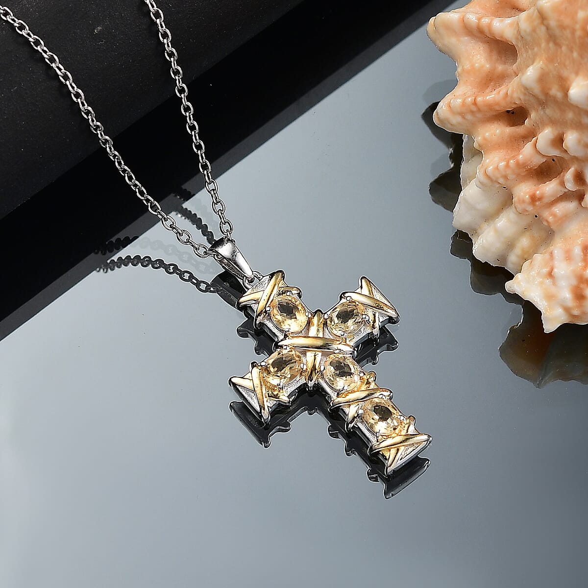 Karis Brazilian Citrine 1.60 ctw Cross Pendant in 18K YG Plated and Platinum Bond with Stainless Steel Necklace 20 Inches image number 1