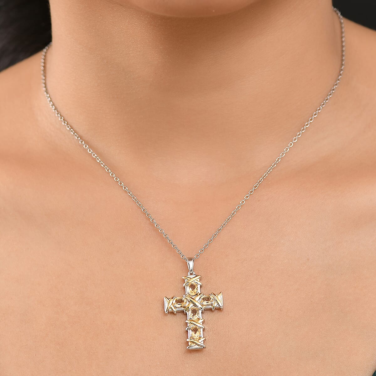 Karis Brazilian Citrine 1.60 ctw Cross Pendant in 18K YG Plated and Platinum Bond with Stainless Steel Necklace 20 Inches image number 2