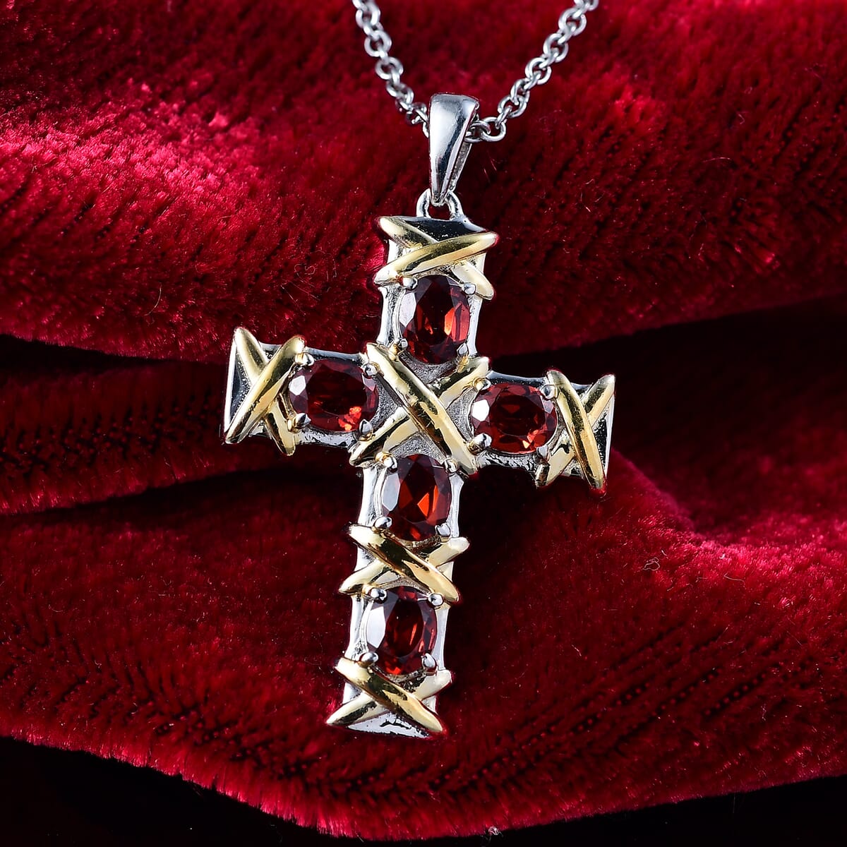 Karis Mozambique Garnet 2.30 ctw Cross Pendant in 18K YG Plated and Platinum Bond with Stainless Steel Necklace 20 Inches image number 1